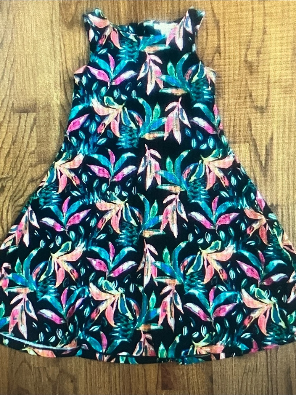 C&C California Black Tropical Leaf Midi Dress with Teal & Pink Accents
